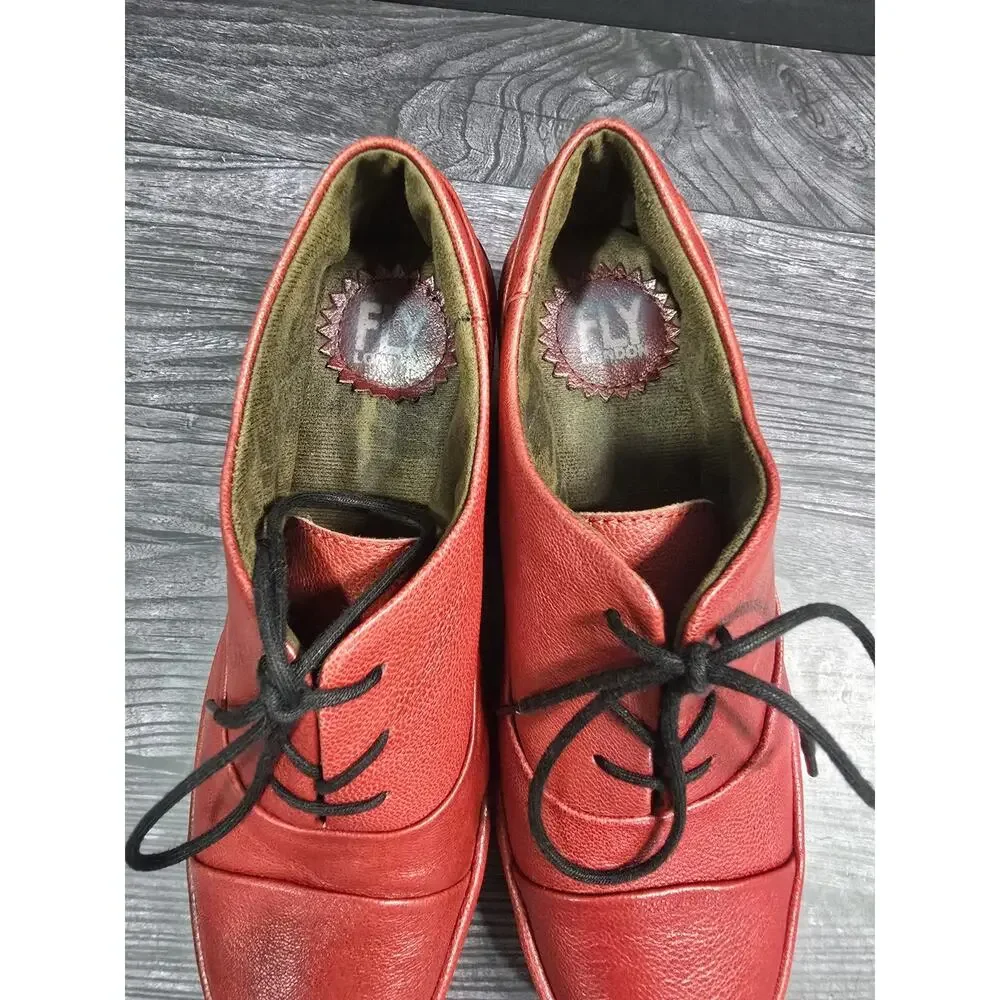 FLY London Yif Red Leather Wedge Oxford Platform Lace Up Women's EU 38 US 7.5